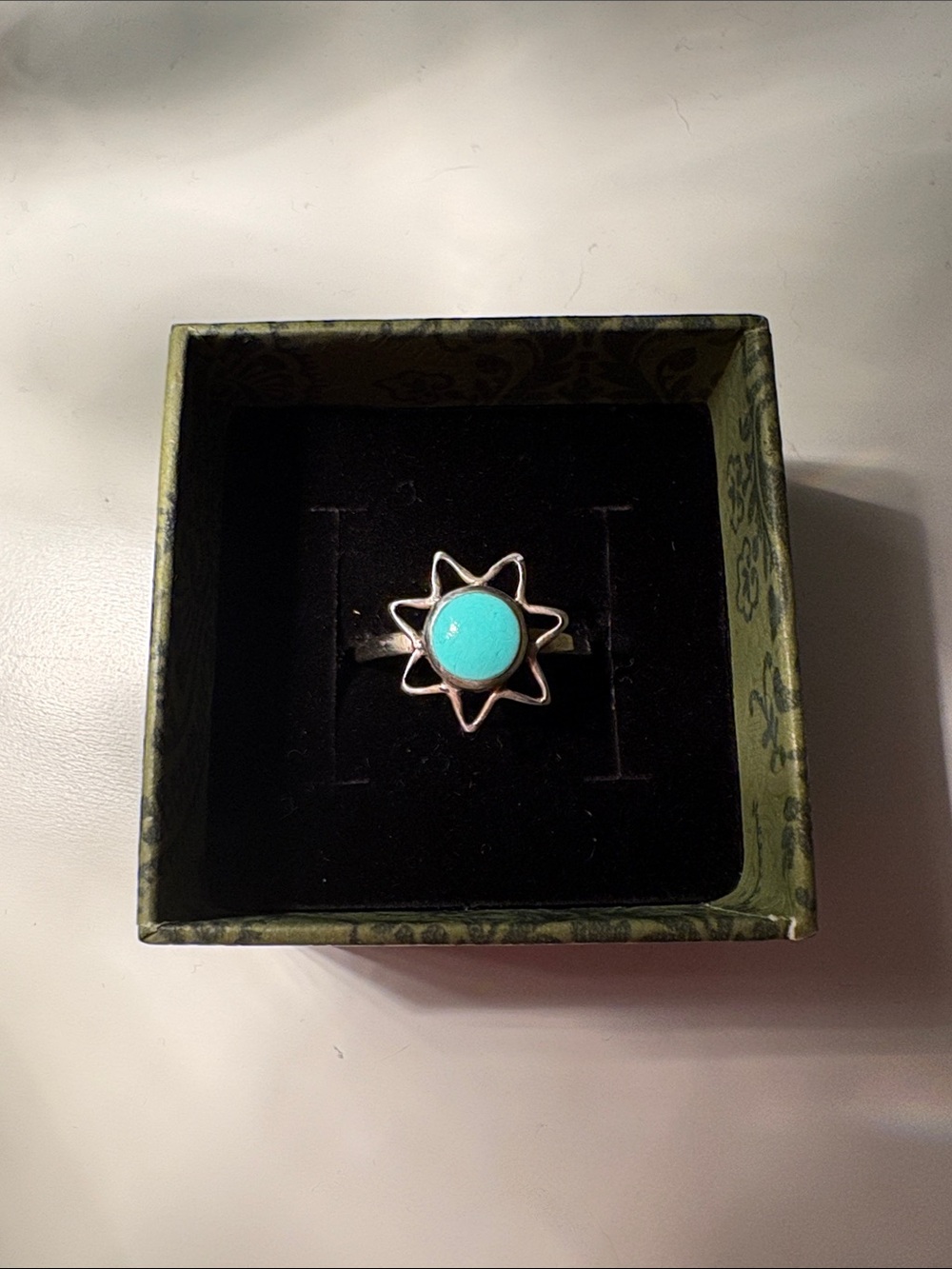 Vintage Turquoise Sunburst Ring - Silver Tone